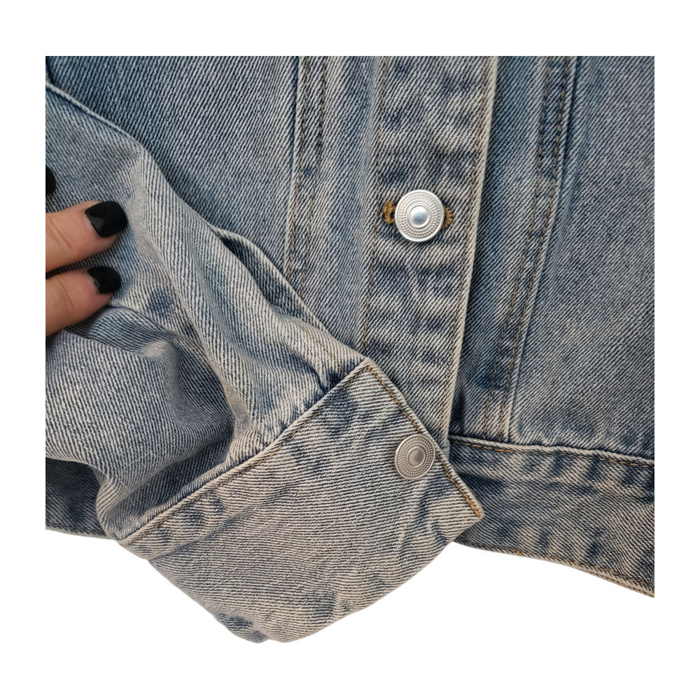 Denim Jacket Womens Large Light Wash Cropped Puff Shoulder Unworn NWOT Mable L - Picture 6 of 16